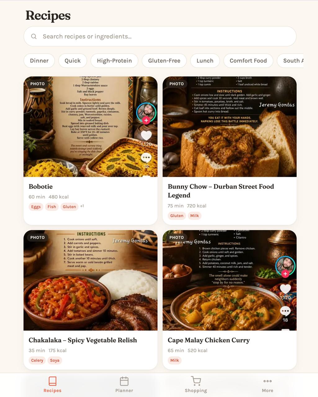 RecipeMaster product screenshot showing the recipe and family meal planning interface